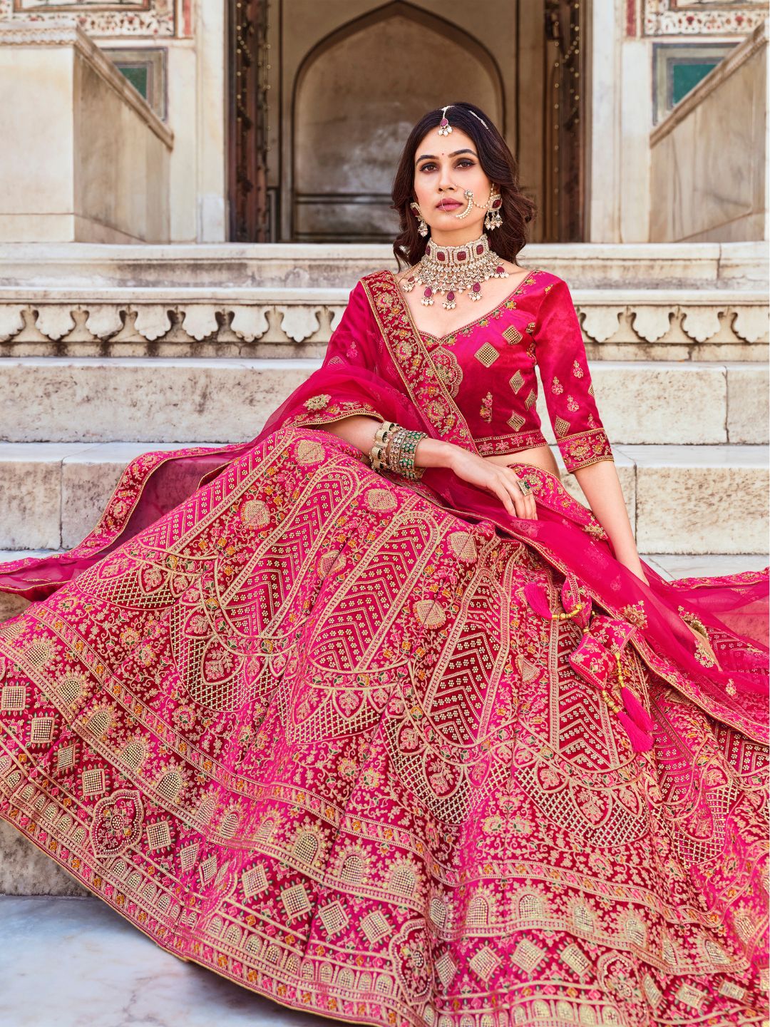 Bridal Lehenga / Wedding Outfit | Red, Maroon, Pink & Gold